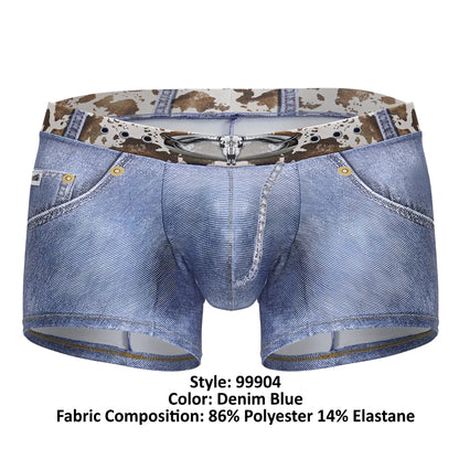 Denim blue candyMan 99904 cowboy trunks men’s boxer briefs with cow print waistband and silver skull buckle