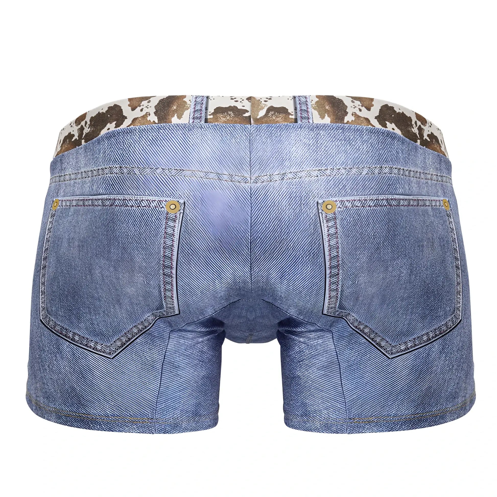 Blue denim cowboy trunks CandyMan 99904 with cow print waistband and gold-tone button details