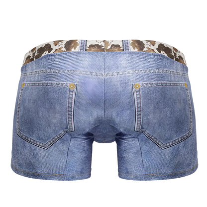 Blue denim cowboy trunks CandyMan 99904 with cow print waistband and gold-tone button details