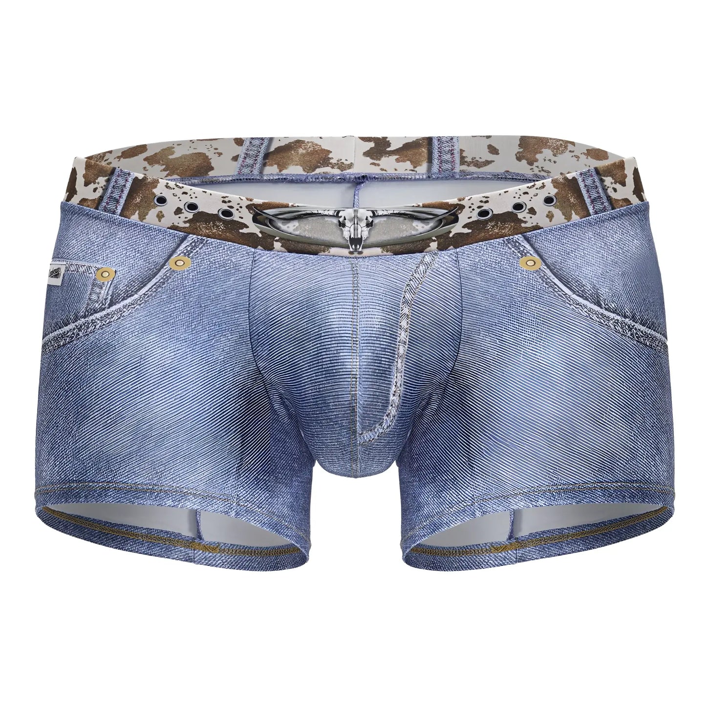 Mens candyMan 99904 cowboy trunks denim blue boxer briefs with cow print waistband and silver skull zipper detail