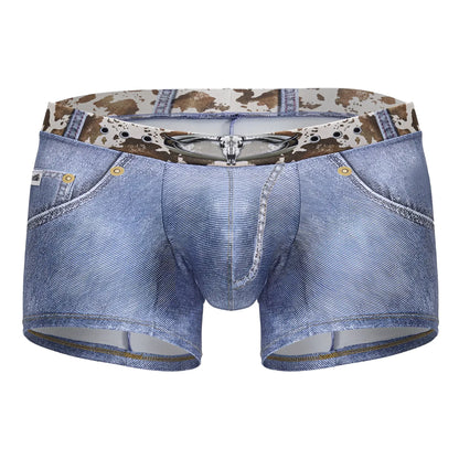 Mens candyMan 99904 cowboy trunks denim blue boxer briefs with cow print waistband and silver skull zipper detail
