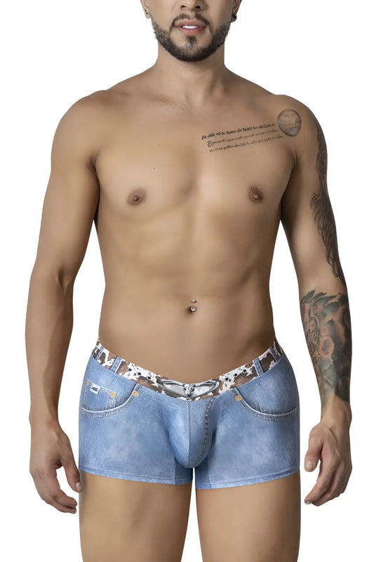 Candyman 99904 cowboy trunks men’s blue denim-style boxer briefs with patterned waistband and belt buckle design