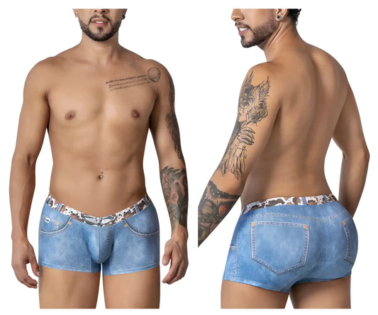 Blue denim style men’s briefs candyMan 99904 cowboy trunks with leopard print waistband and stitching details