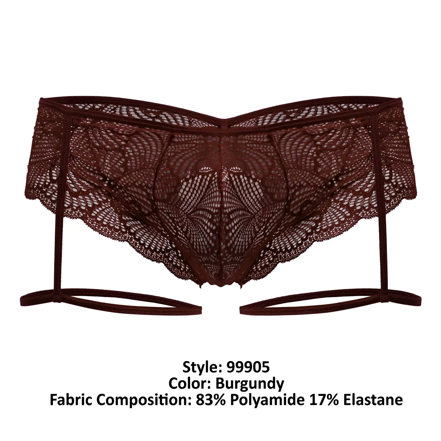 CandyMan 99905 burgundy lace garter belt with intricate floral patterns and matching elastic straps