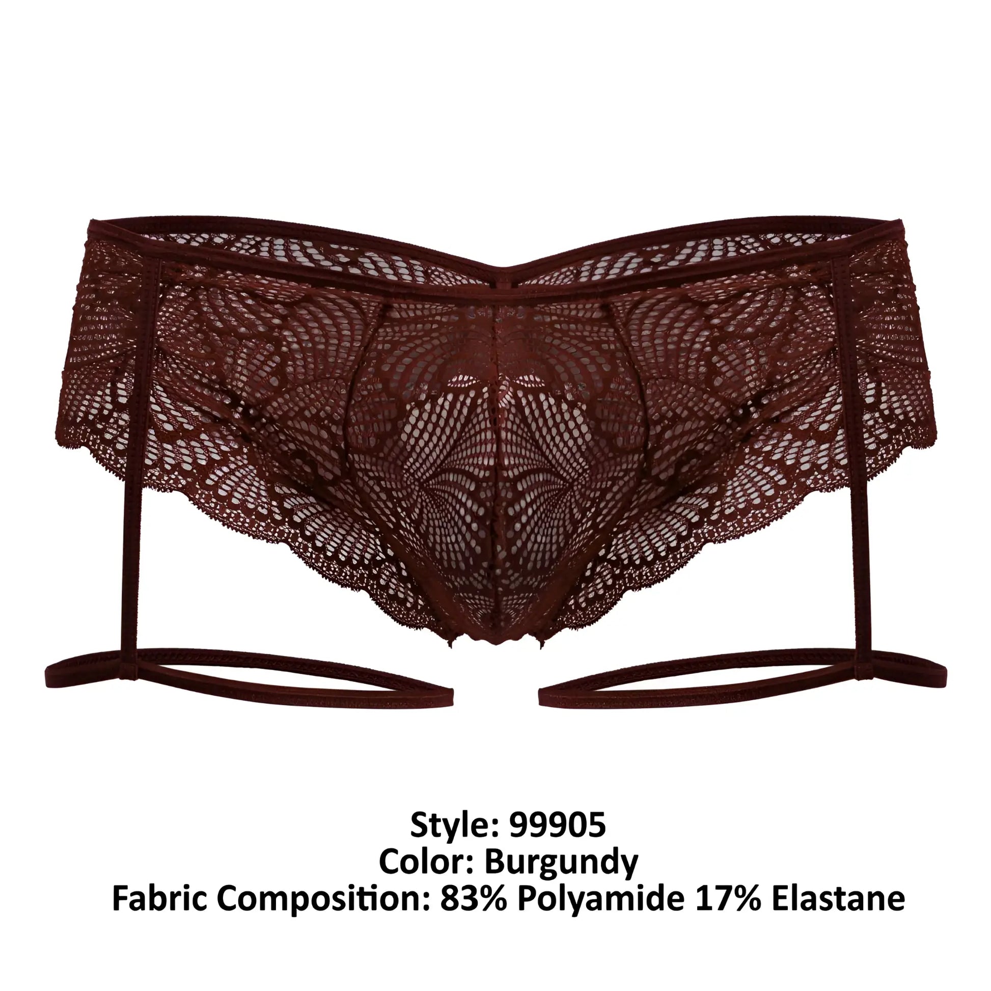 CandyMan 99905 burgundy lace garter belt with intricate floral patterns and matching elastic straps