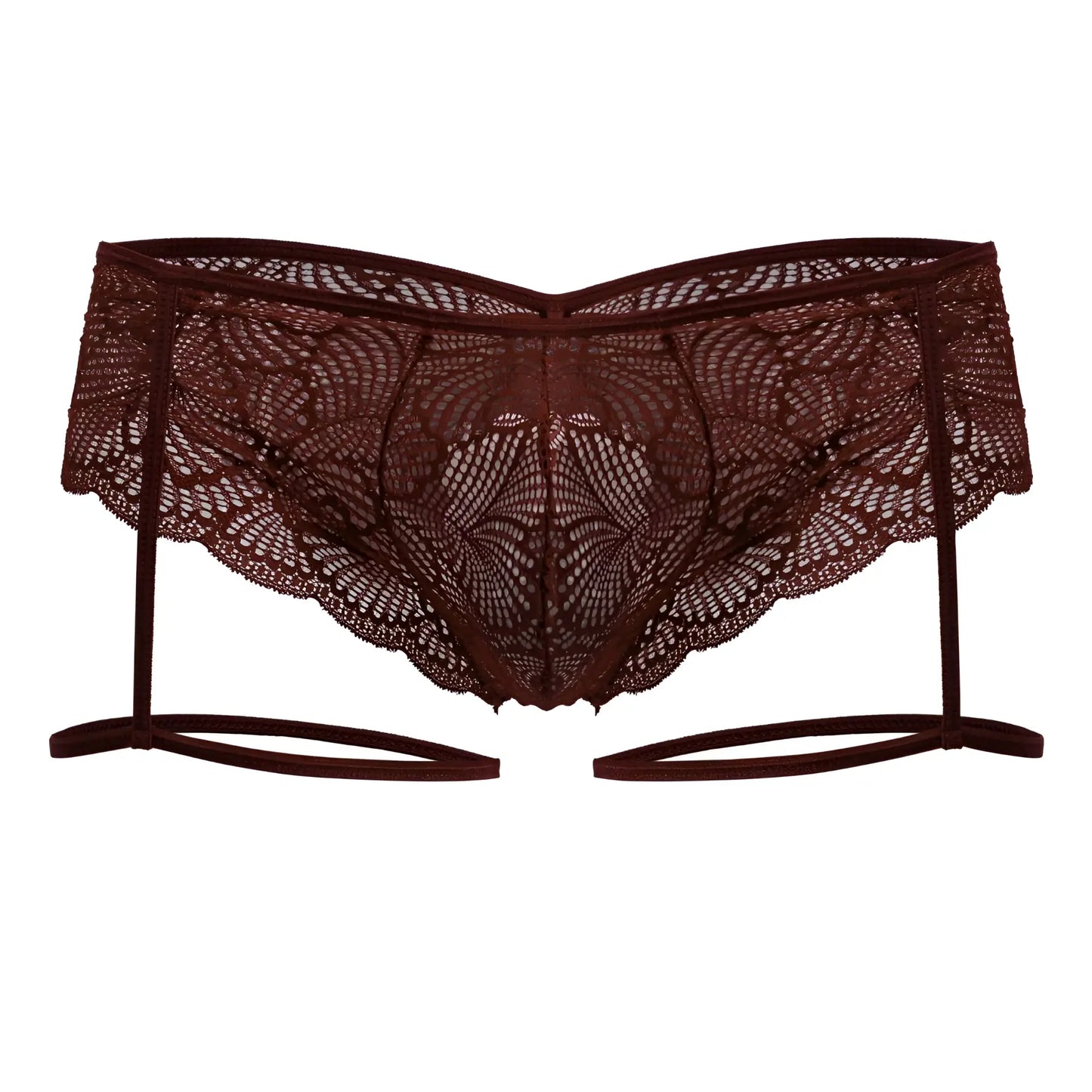 Dark burgundy candyMan 99905 garter lace briefs with intricate floral patterns and scalloped edges