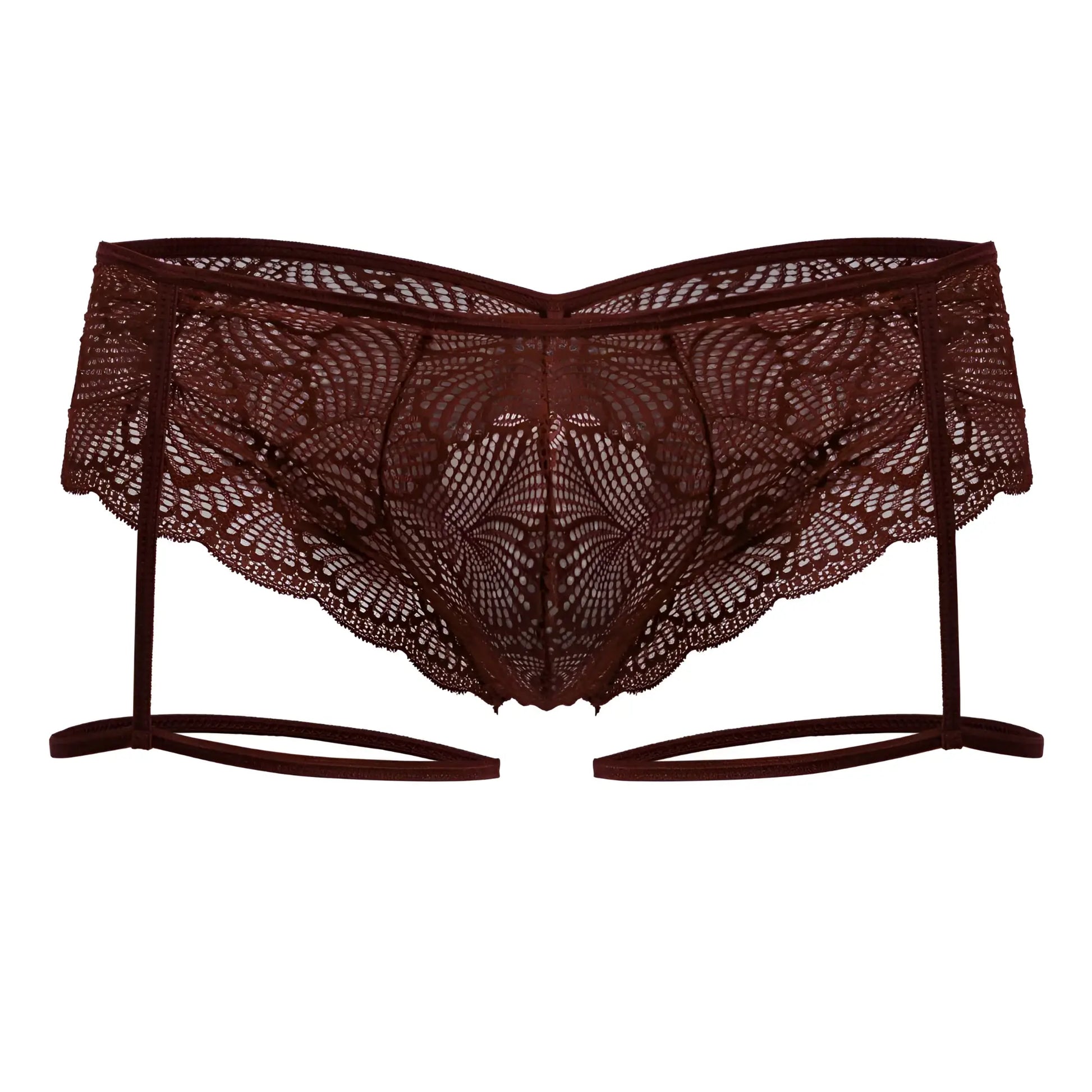 Dark burgundy candyMan 99905 garter lace briefs with intricate floral patterns and scalloped edges