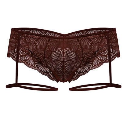 Dark burgundy candyMan 99905 garter lace briefs with intricate floral patterns and scalloped edges
