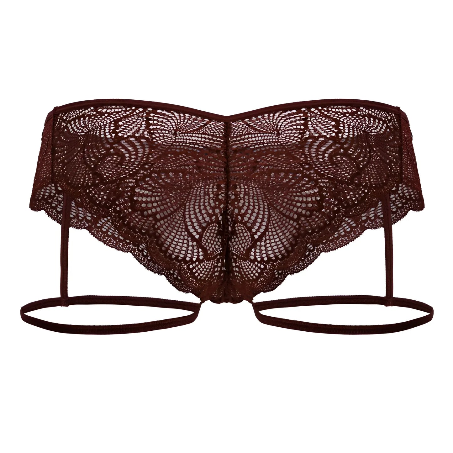 A dark burgundy candyMan 99905 garter lace bikini top with intricate floral patterns and thin adjustable straps