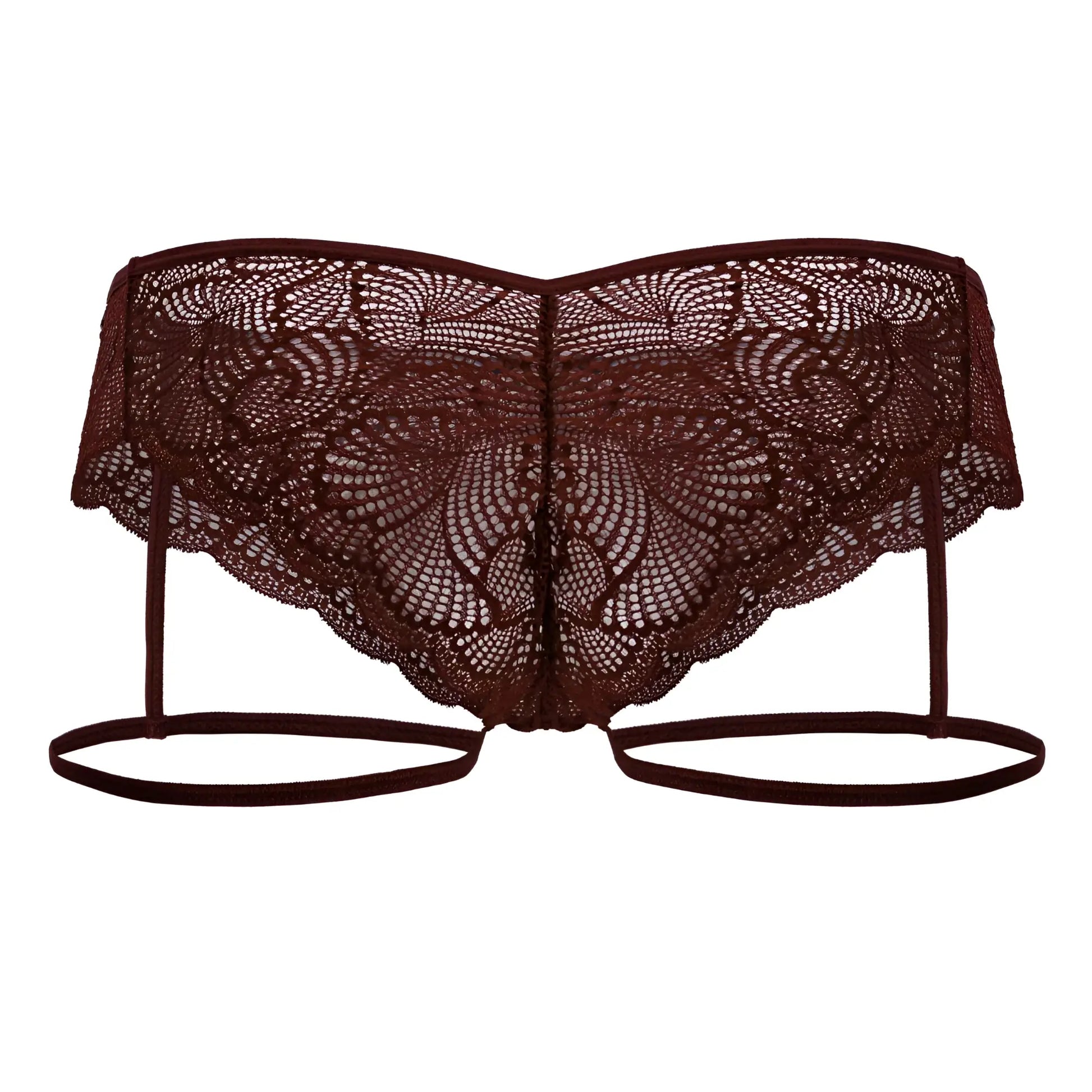 A dark burgundy candyMan 99905 garter lace bikini top with intricate floral patterns and thin adjustable straps