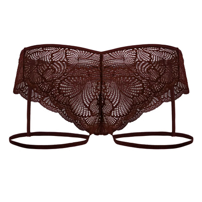 A dark burgundy candyMan 99905 garter lace bikini top with intricate floral patterns and thin adjustable straps