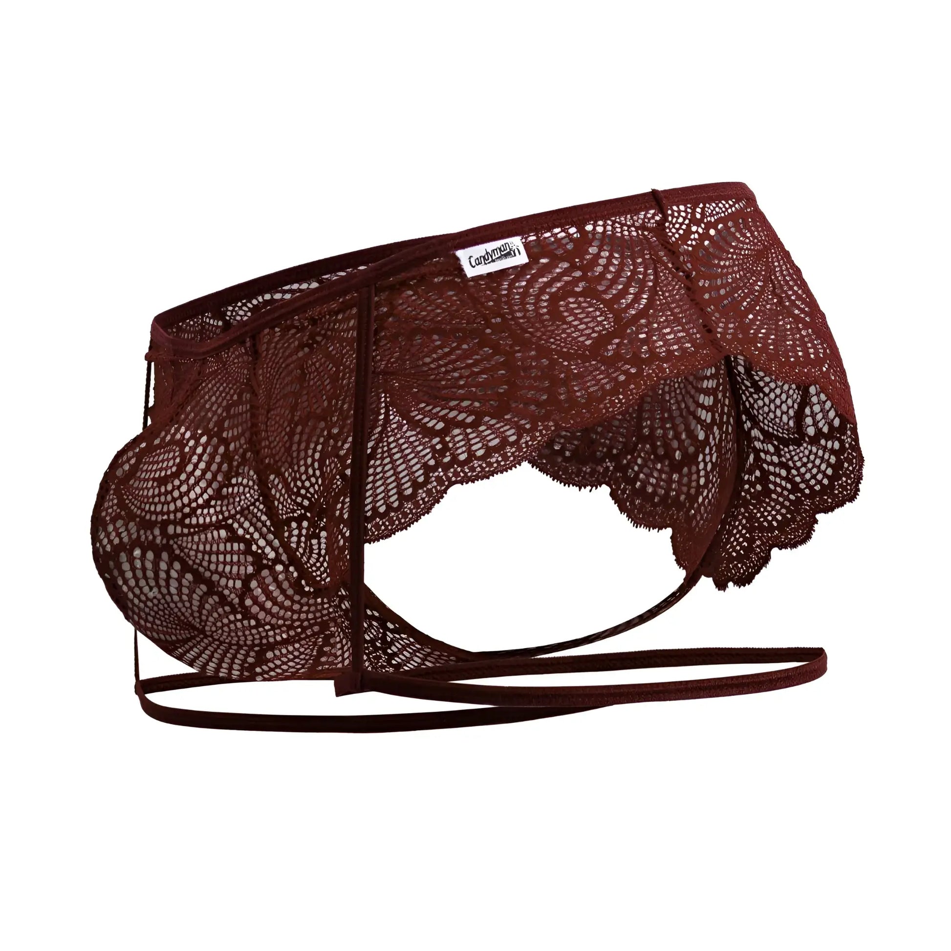 CandyMan 99905 garter lace briefs in burgundy with intricate floral patterns and scalloped edges for men