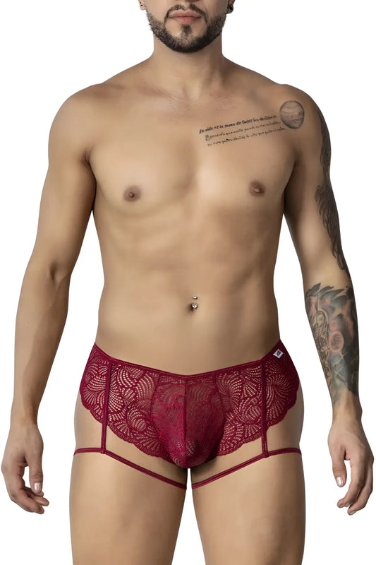 CandyMan 99905 garter lace briefs in burgundy feature red lace floral patterns and supportive side straps for men