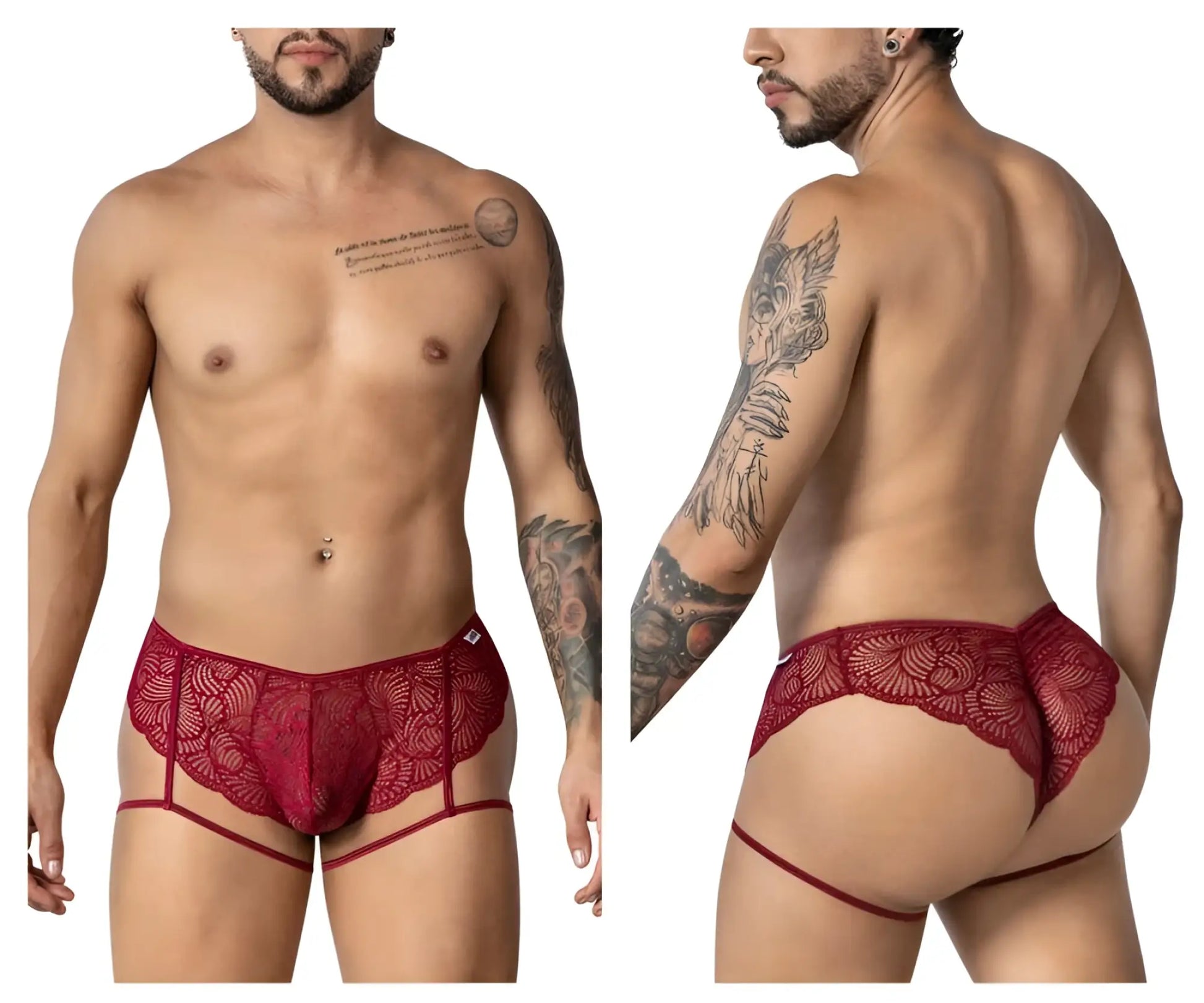 Red lace men’s underwear candyMan 99905 garter lace briefs in burgundy with high-waisted thong design and side gussets