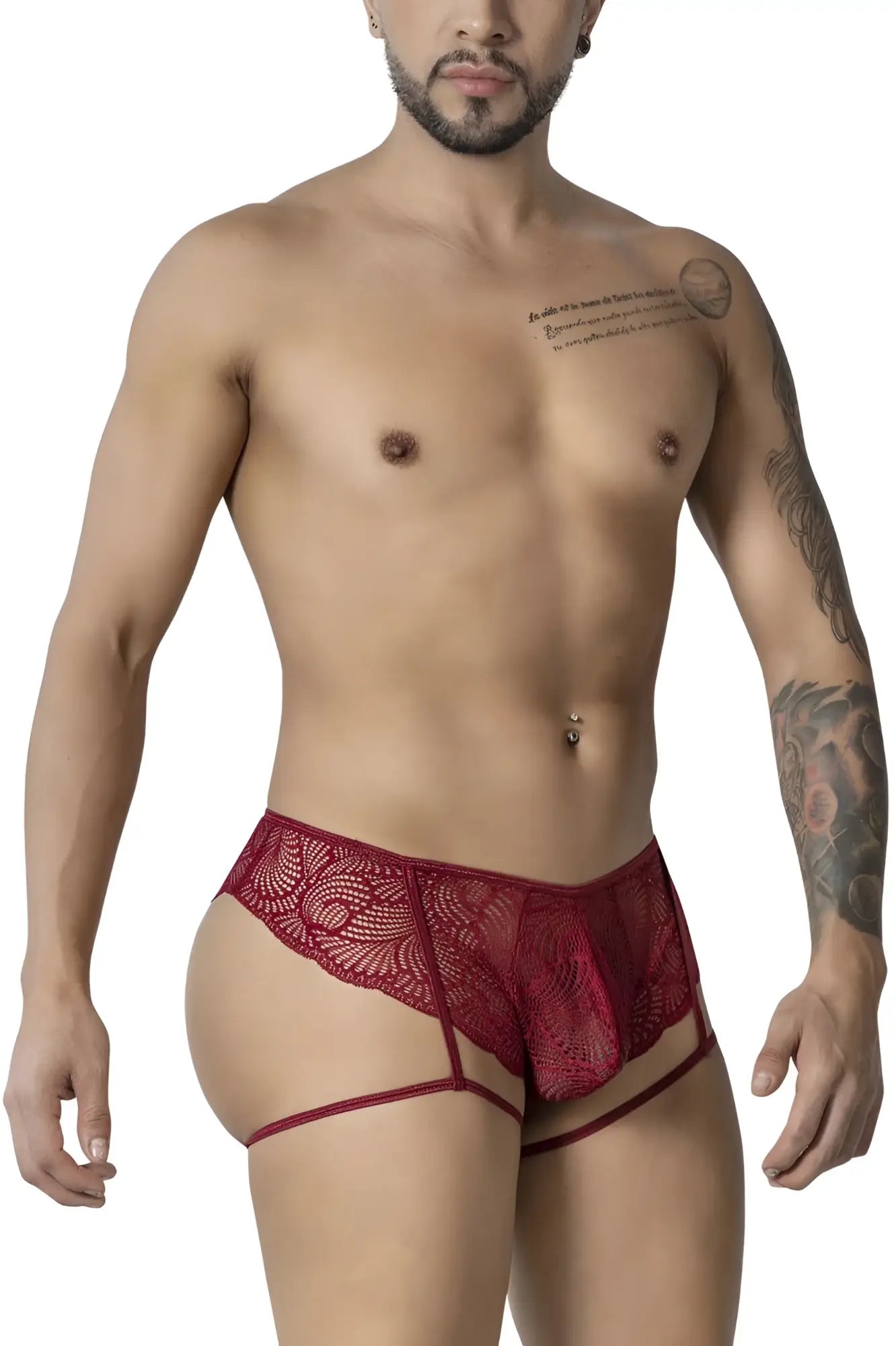 CandyMan 99905 garter lace briefs in burgundy with sheer patterned red lace and thin straps for men