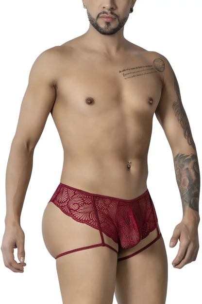 CandyMan 99905 garter lace briefs in burgundy with sheer patterned red lace and thin straps for men