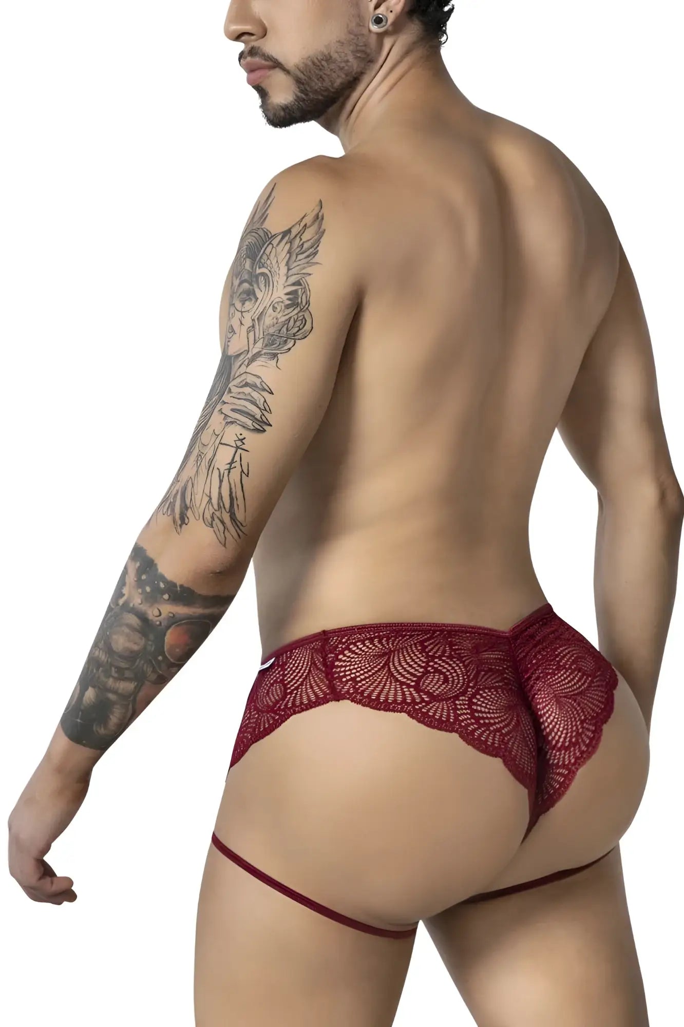 CandyMan 99905 garter lace briefs burgundy red lace thong with intricate floral patterns and sheer delicate design