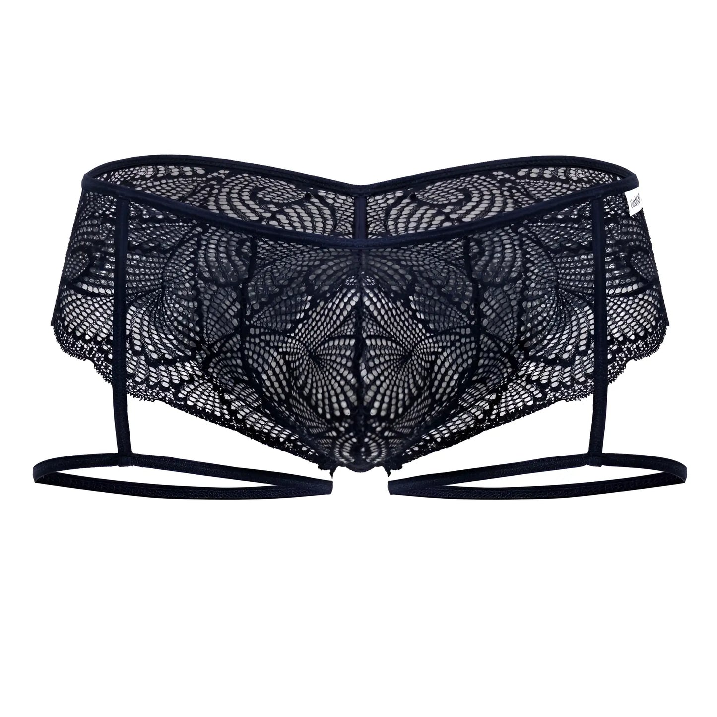 Navy CandyMan 99905 garter lace briefs featuring black lace with intricate floral patterns and thin straps