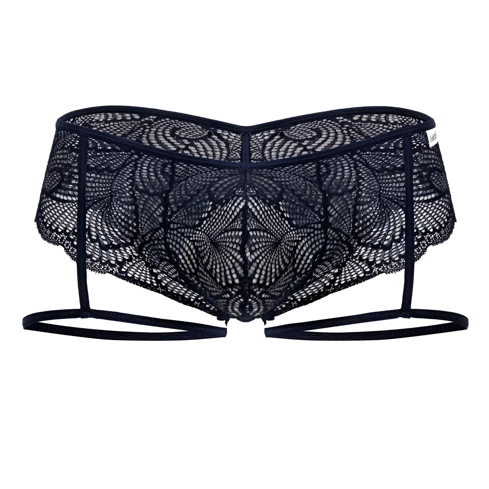 Navy CandyMan 99905 garter lace briefs featuring black lace with intricate floral patterns and thin straps