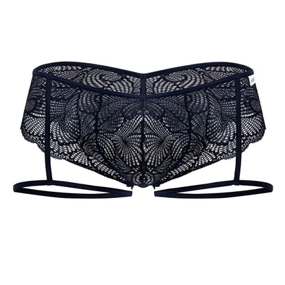 Navy CandyMan 99905 garter lace briefs featuring black lace with intricate floral patterns and thin straps