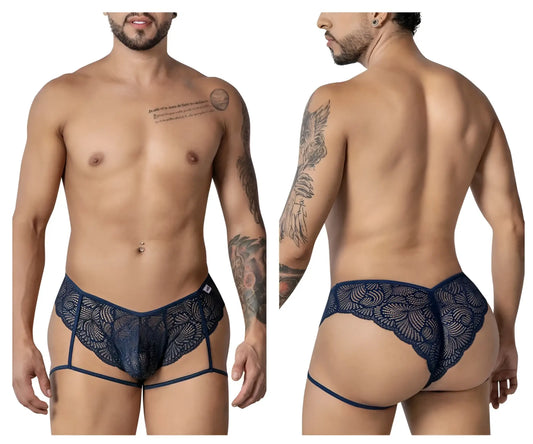 Navy blue candyMan 99905 garter lace briefs for men with intricate floral patterns and a supportive contoured design