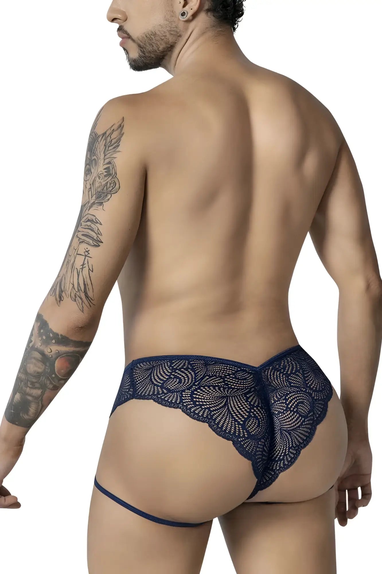 Dark blue candyMan 99905 garter lace briefs featuring intricate floral lace patterns and a matching waistband