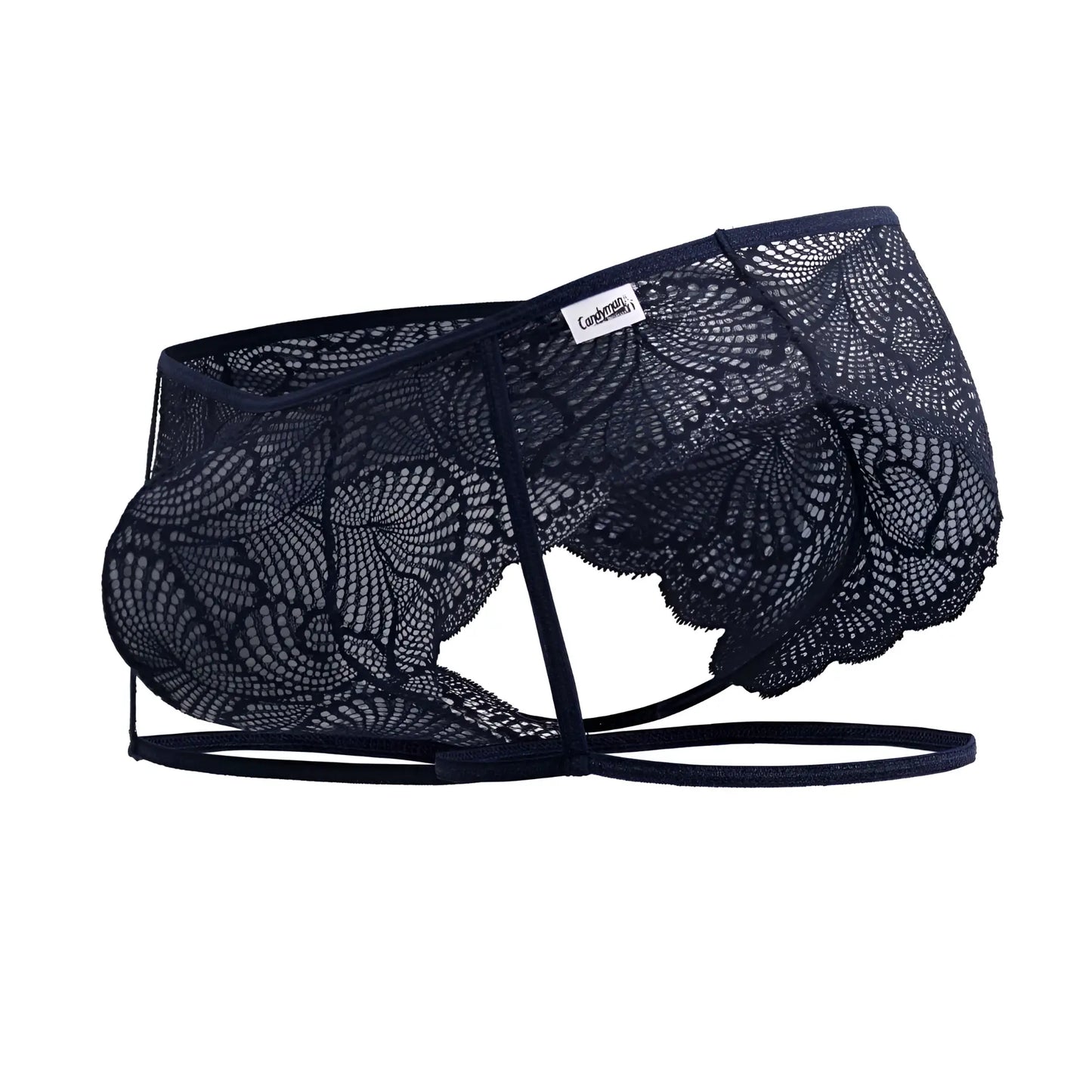 Dark navy lace men’s underwear candyMan 99905 garter briefs with intricate floral patterns and strappy design