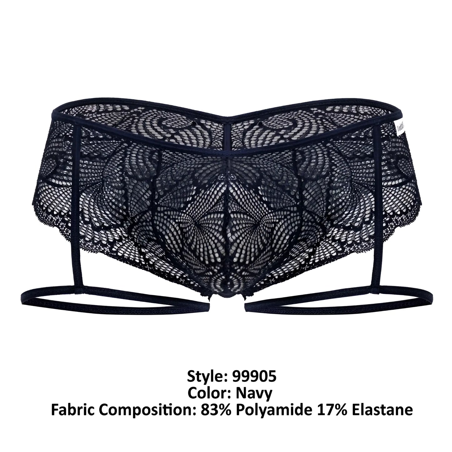 CandyMan 99905 garter lace briefs in navy with intricate floral patterns and adjustable straps