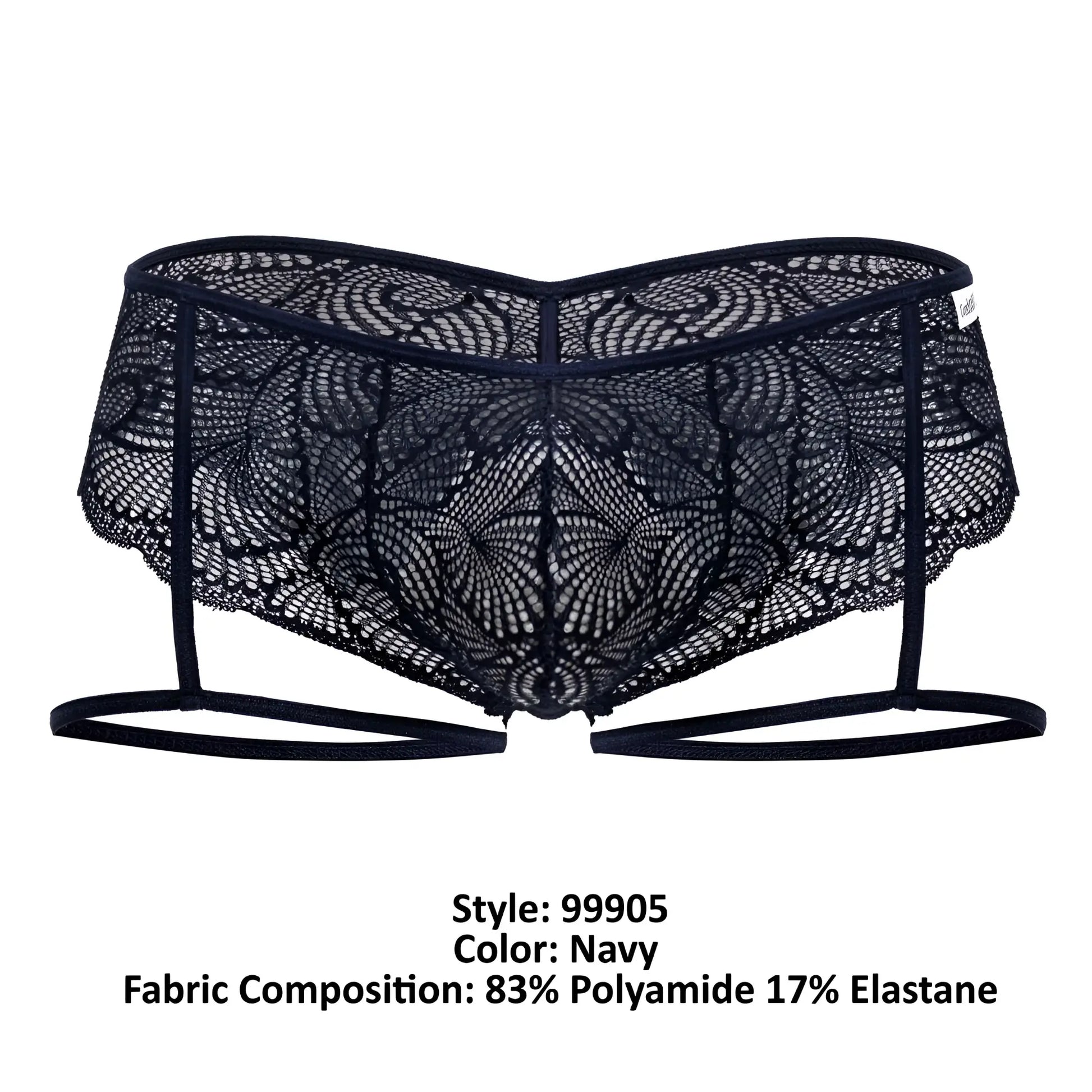 CandyMan 99905 garter lace briefs in navy with intricate floral patterns and adjustable straps