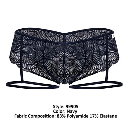 CandyMan 99905 garter lace briefs in navy with intricate floral patterns and adjustable straps
