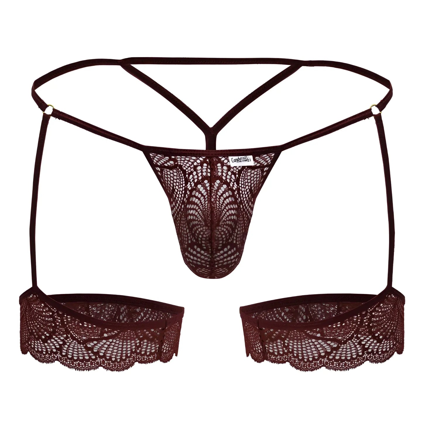 Dark brown lace thong with scalloped edges and matching suspenders from Candyman 99906 garter lace thongs burgundy