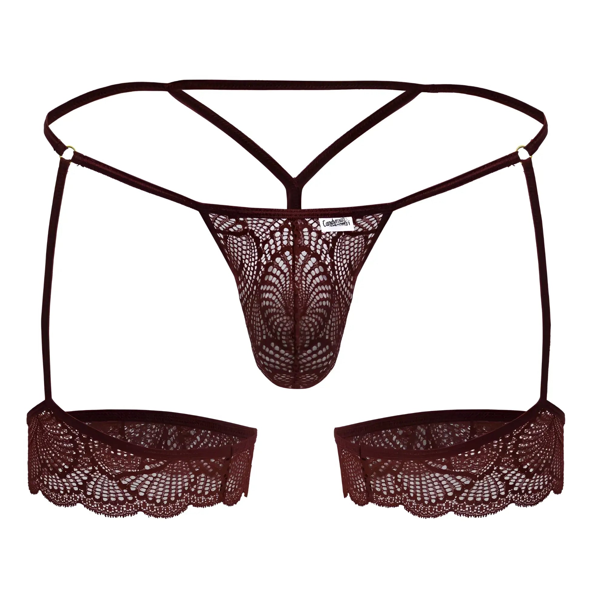 Dark brown lace thong with scalloped edges and matching suspenders from Candyman 99906 garter lace thongs burgundy