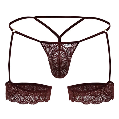 Dark brown lace thong with scalloped edges and matching suspenders from Candyman 99906 garter lace thongs burgundy
