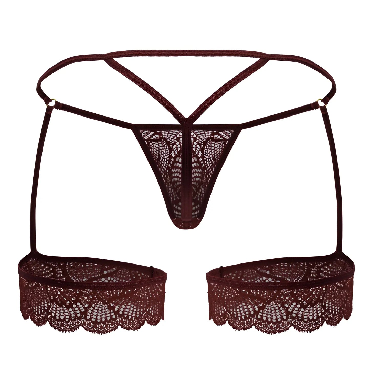 Dark burgundy lace thong with scalloped hem and adjustable straps from candyman 99906 garter lace thongs collection