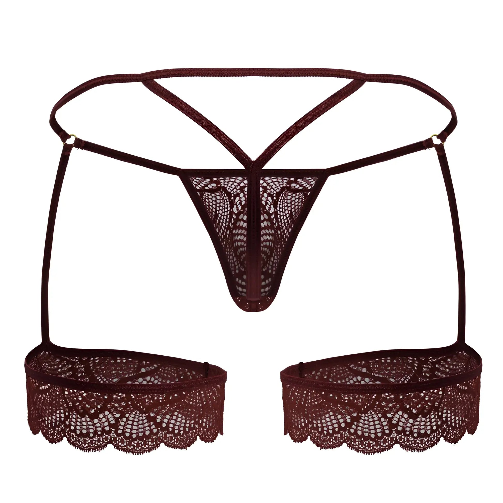 Dark burgundy lace thong with scalloped hem and adjustable straps from candyman 99906 garter lace thongs collection