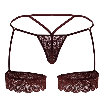 Dark burgundy lace thong with scalloped hem and adjustable straps from candyman 99906 garter lace thongs collection