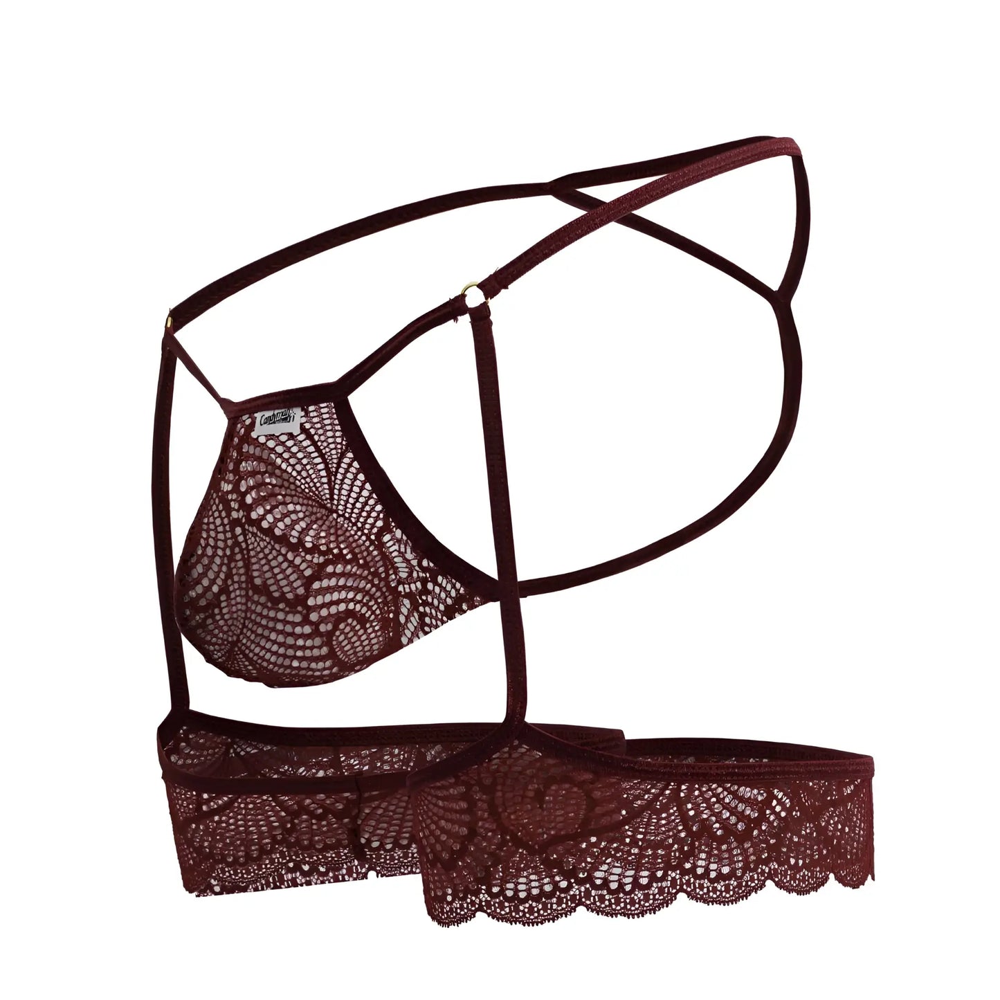 Maroon lace lingerie set with intricate floral patterns and thin adjustable straps from CandyMan 99906 garter lace thongs