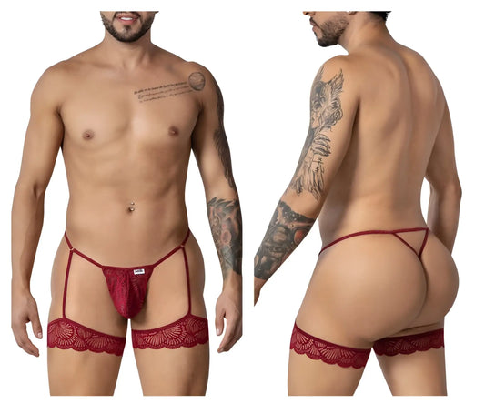 Red lace garter belt with matching thong featuring decorative scalloped edges in burgundy by candyman
