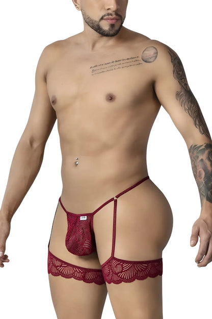 Burgundy lace thong with matching garter straps from candyMan made of delicate lace for a seductive look
