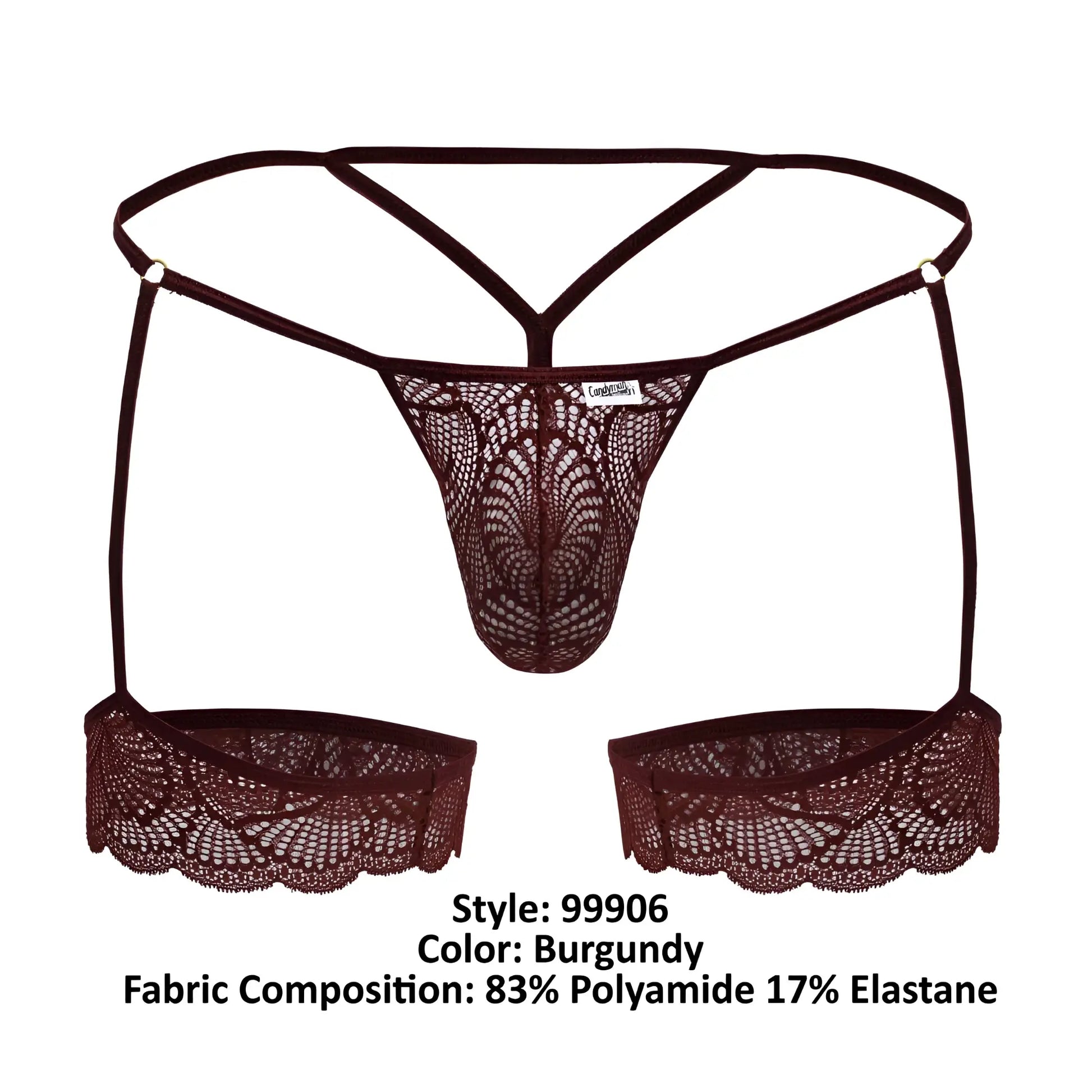 Burgundy lace thong with matching scalloped edge suspenders from candyman 99906 garter lace thongs collection