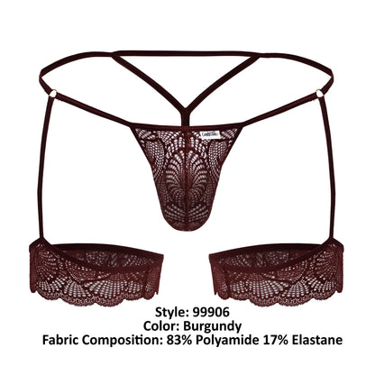 Burgundy lace thong with matching scalloped edge suspenders from candyman 99906 garter lace thongs collection