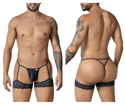 Navy black lace garter belt with matching thong and leg straps from Candyman 99906 lingerie set