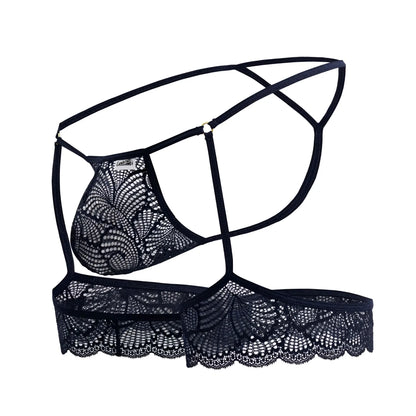 Navy blue candyman 99906 garter lace thongs with intricate black floral lace and delicate scalloped edges