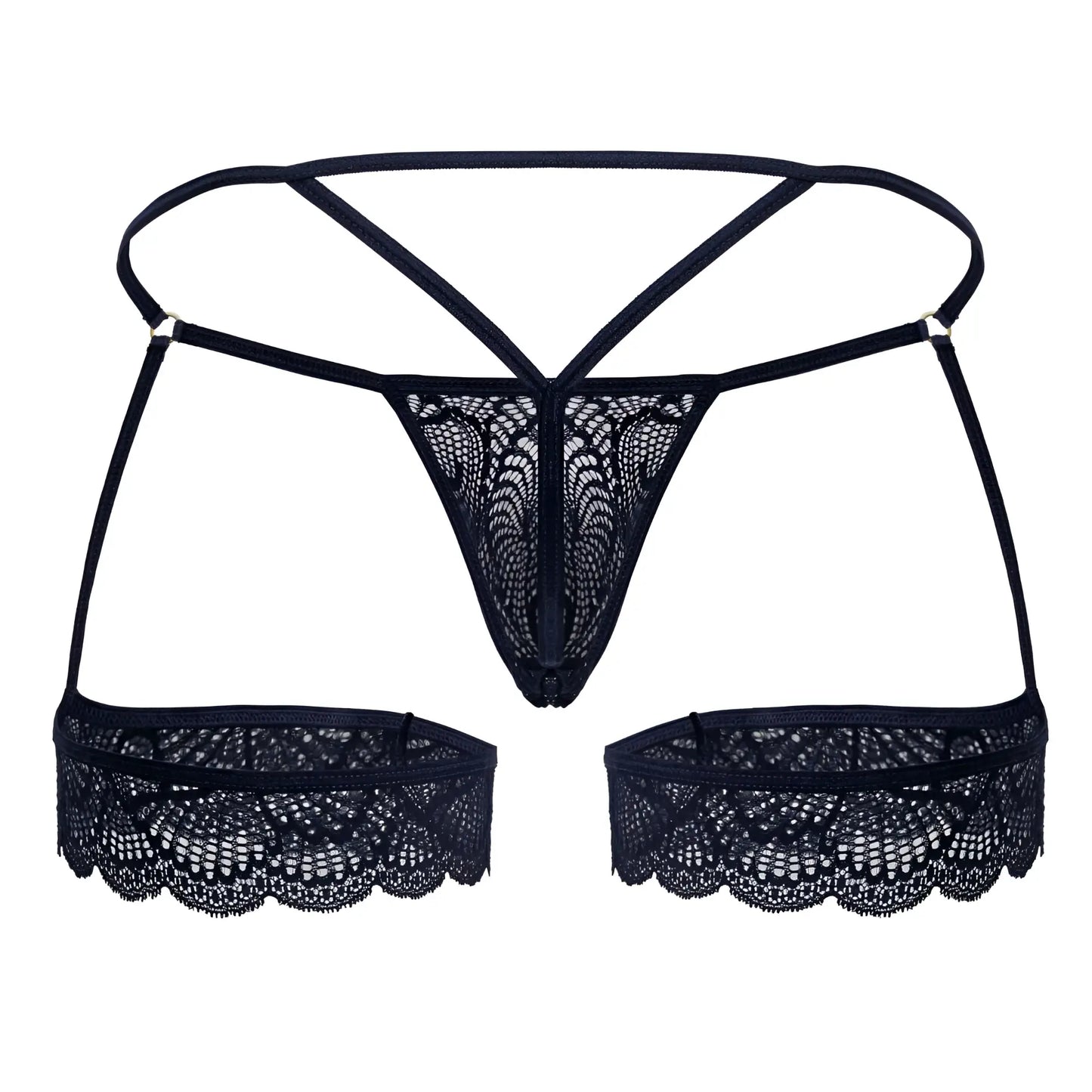 Navy candy man 99906 garter lace thong featuring intricate black floral lace patterns with matching side panels