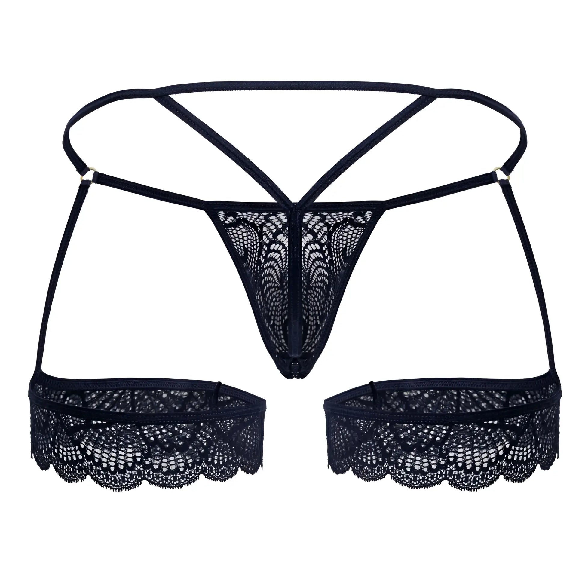 Navy candy man 99906 garter lace thong featuring intricate black floral lace patterns with matching side panels