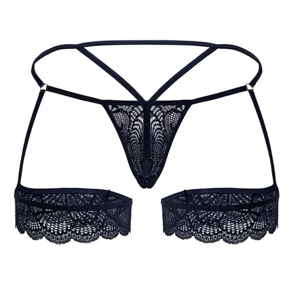 Navy candy man 99906 garter lace thong featuring intricate black floral lace patterns with matching side panels