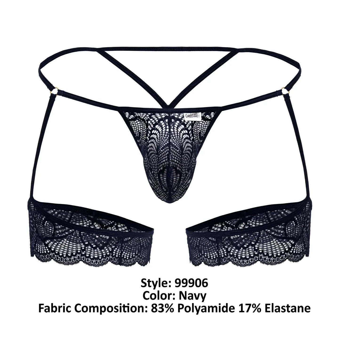 Navy candyMan 99906 garter lace thong with intricate floral patterns and adjustable straps front view