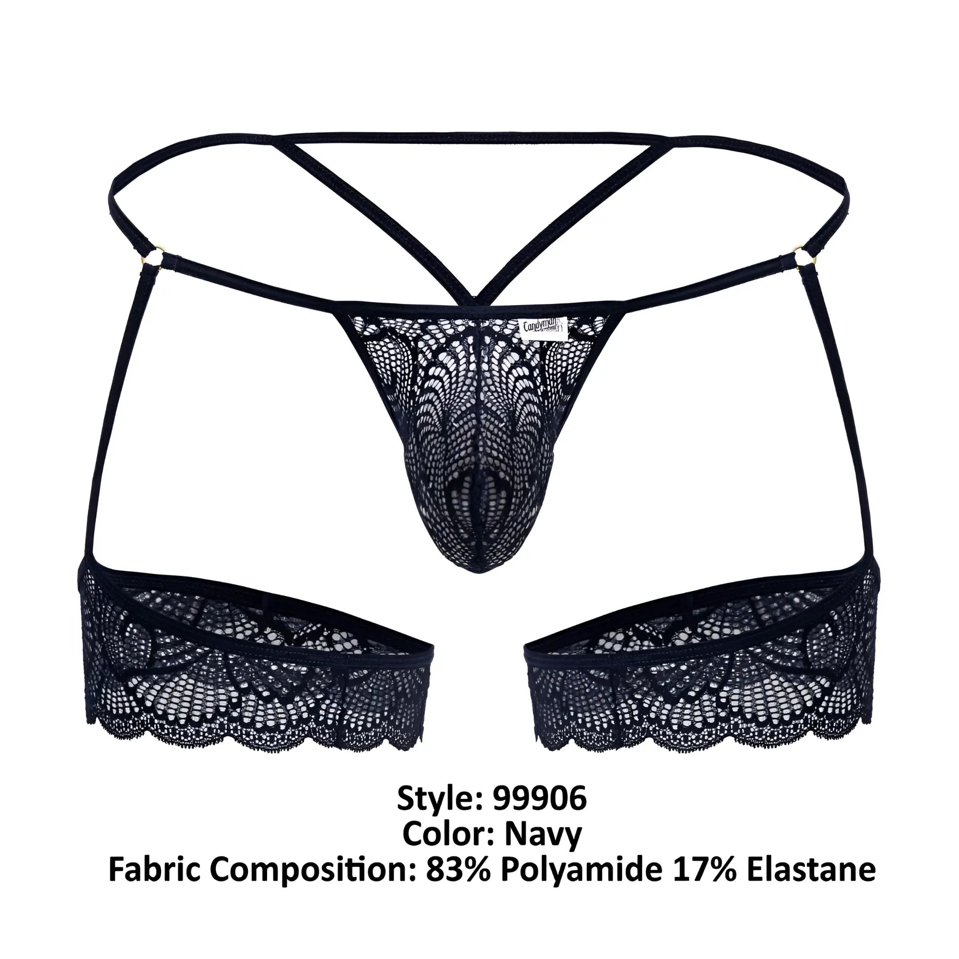 Navy candyMan 99906 garter lace thong with intricate floral patterns and adjustable straps front view