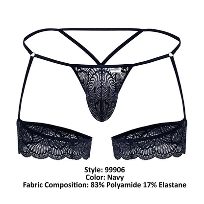 Navy candyMan 99906 garter lace thong with intricate floral patterns and adjustable straps front view