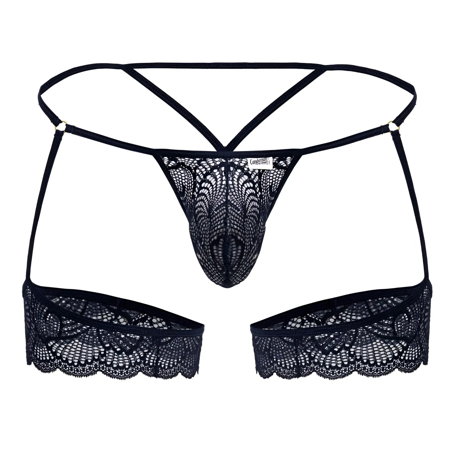 Navy CandyMan 99906 garter lace thong with intricate black floral patterns and scalloped edges front view